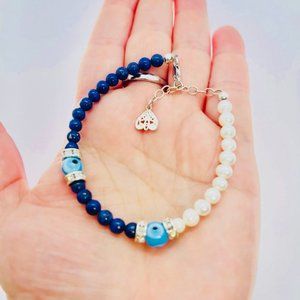 925 SS crystal gemstone pearl lapis bracelet